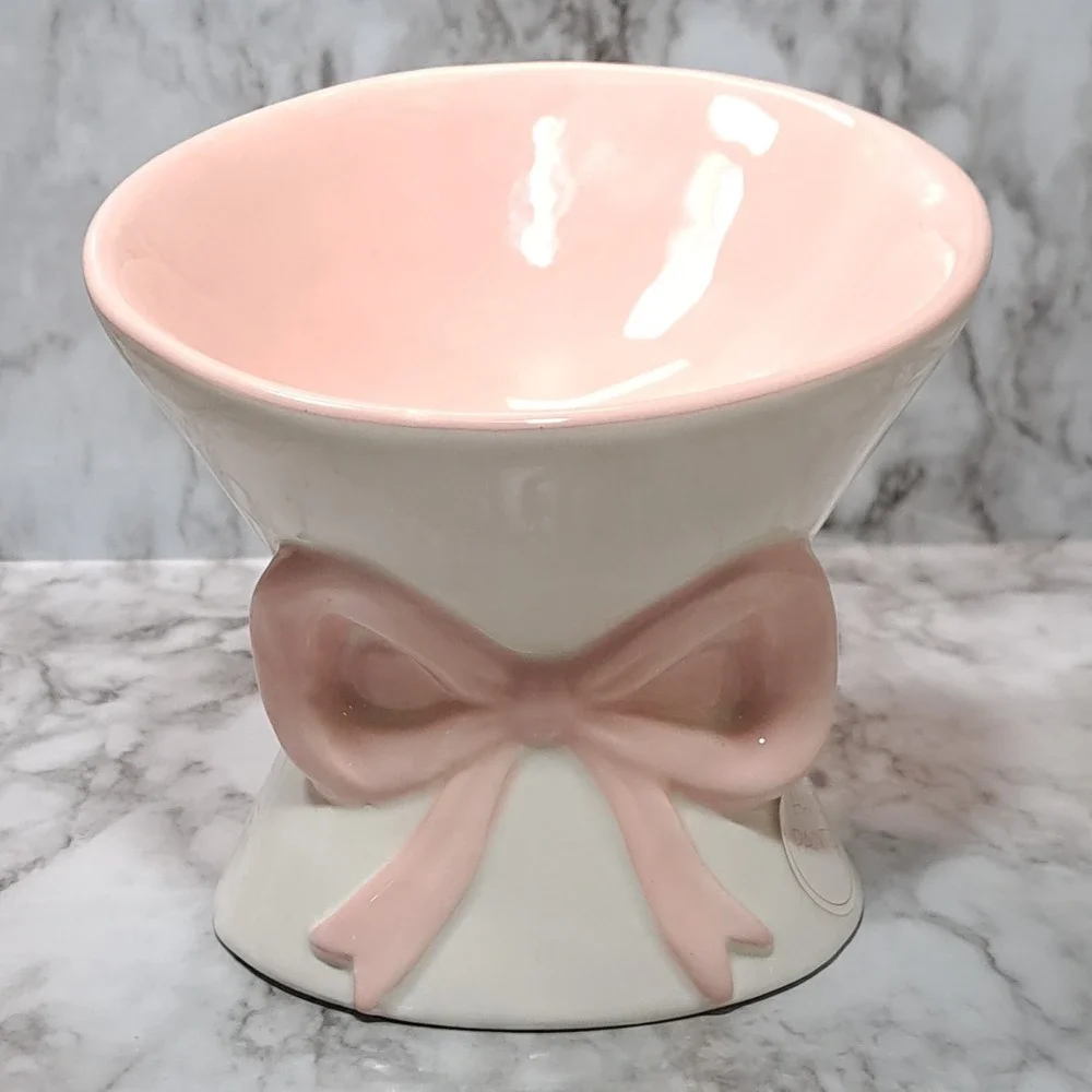 Mellow & Mod Pink /White Bow Cat Drinking Water Tall Bowl‎ Hand Painted